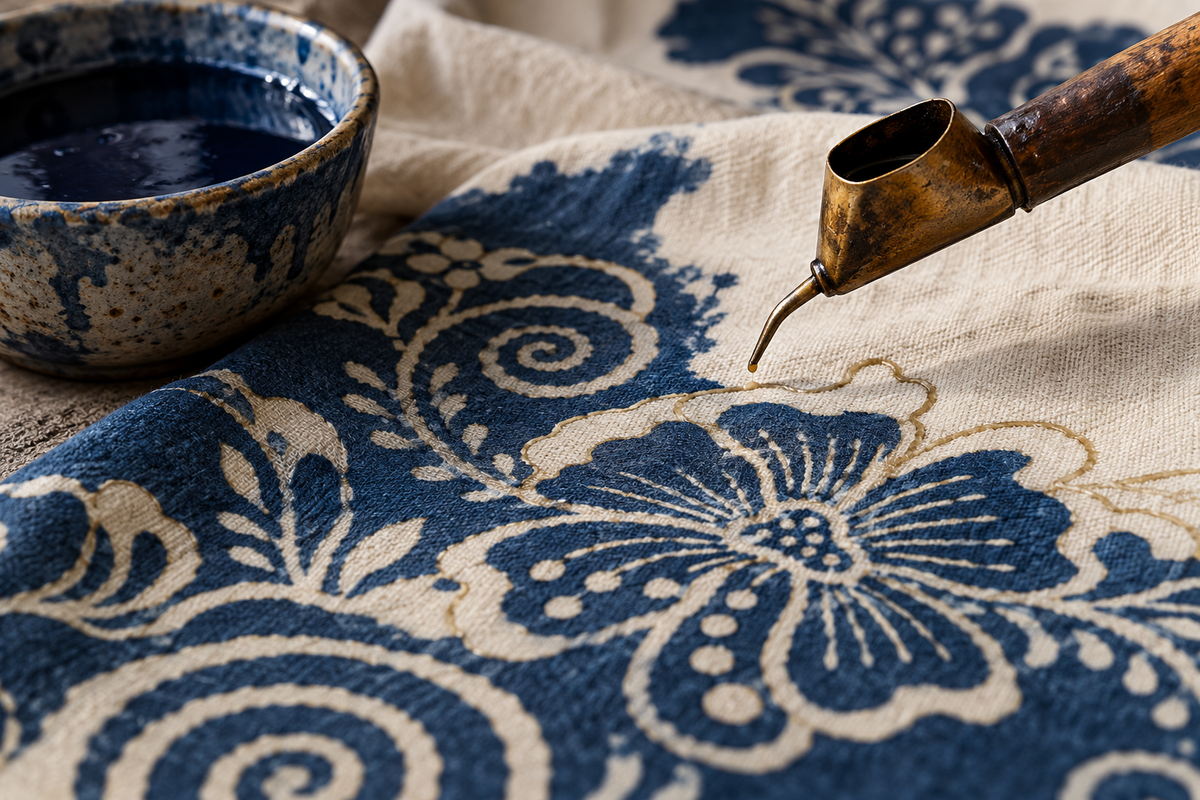 Conceptual illustration of a wax-resist batik pattern in indigo on cloth beside a wax tool; not a photograph of the Suzhou event