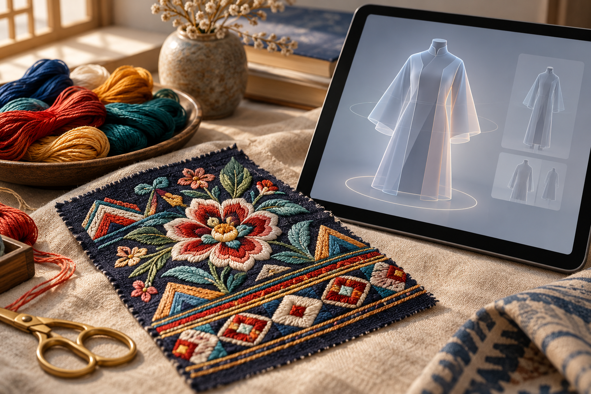 Conceptual illustration of an embroidered textile beside a generic virtual garment display; not a photograph of the Qinghai Normal University event or its system