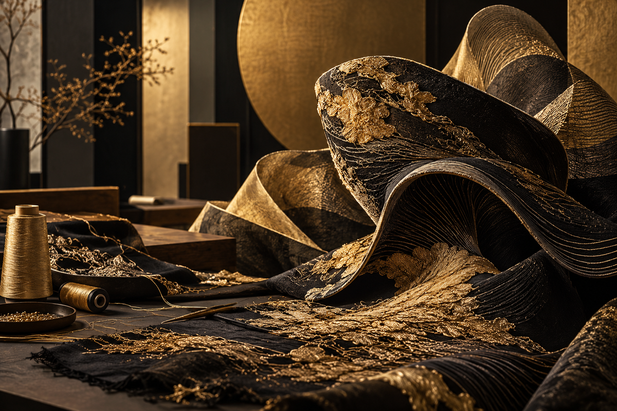 Original conceptual illustration of gold embroidery and sculptural fabric; not Guo Pei garments or exhibition photography