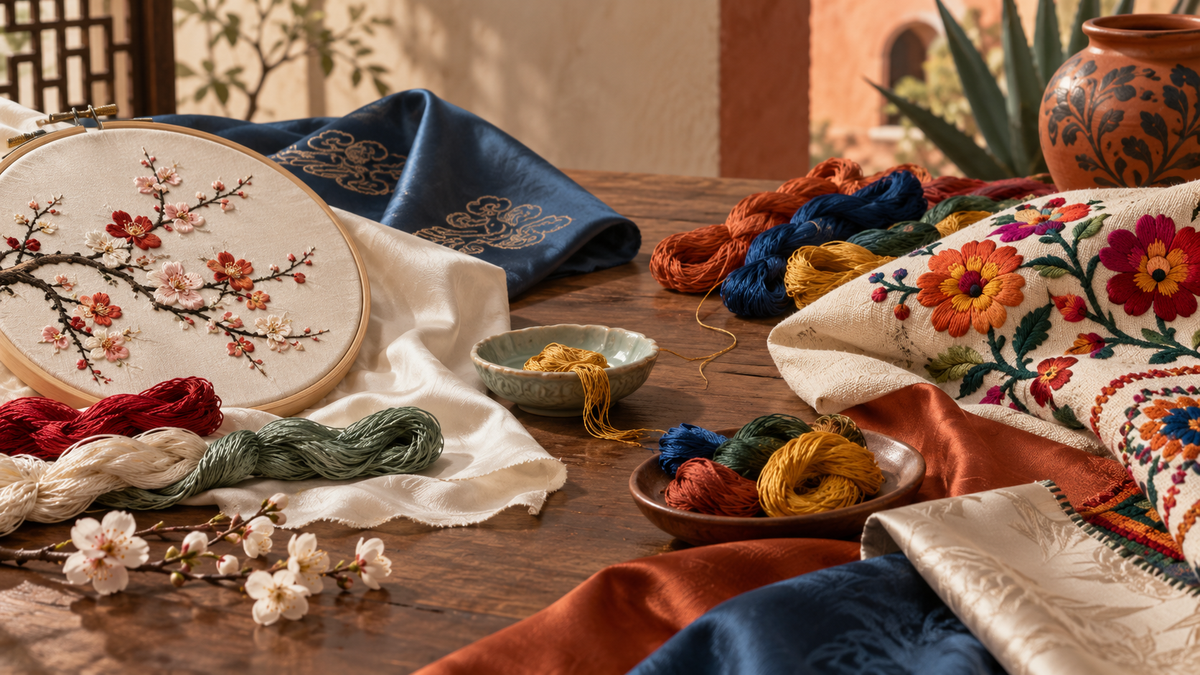 Conceptual table of embroidered textiles and colorful threads suggesting cross-cultural craft exchange