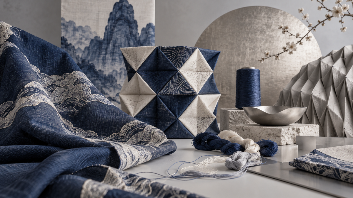 Conceptual contemporary design still life of stitched textile swatches and modular forms