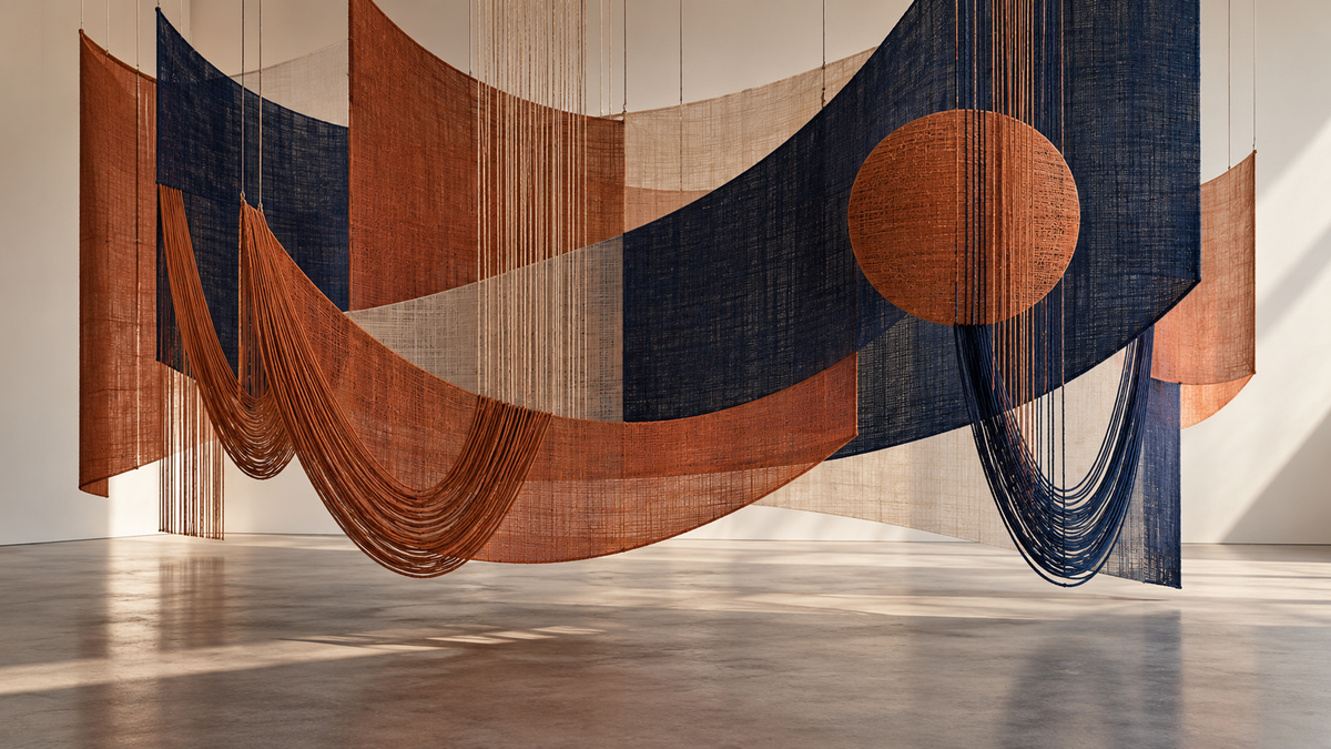 Conceptual suspended textile forms inspired by layered embroidery and contemporary installation art