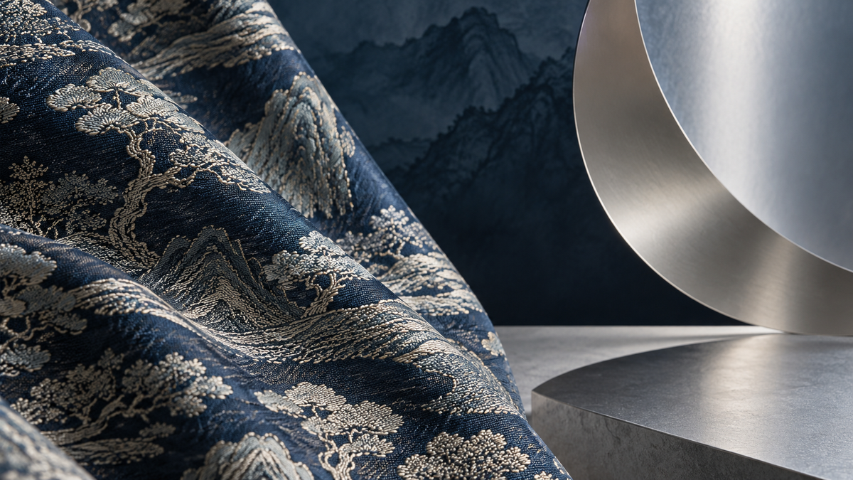 Conceptual dark blue brocade textile beside a modern sculptural interior surface