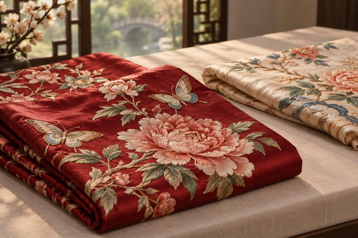 Original conceptual illustration of folded red and ivory embroidered textiles; not the donated garments