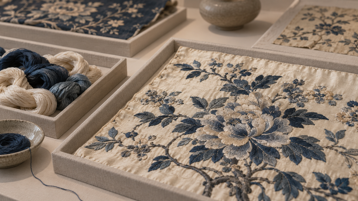 Conceptual archival arrangement of embroidered textile fragments in a museum-style display