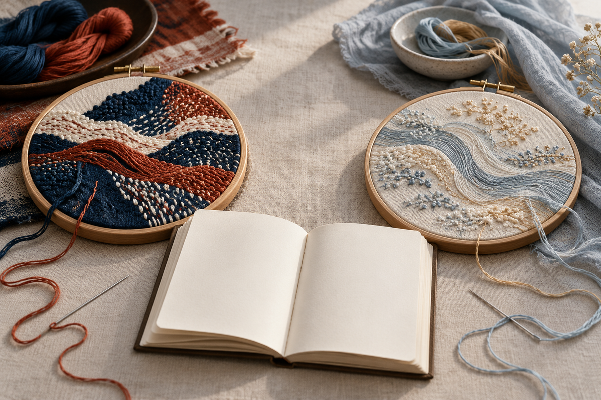 Conceptual illustration of two abstract embroidery samples beside a blank notebook; not a photograph of the Maoxian–Hangzhou exchange or verified traditional motifs