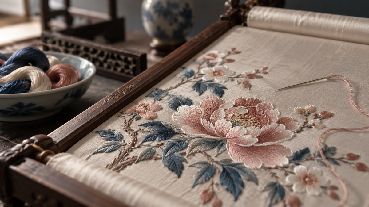 Conceptual embroidery frame with a pink flower worked on pale cloth