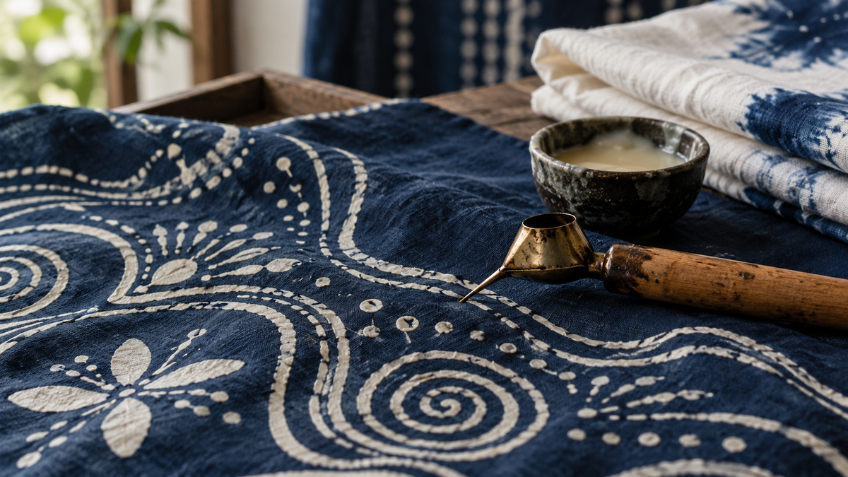 Conceptual indigo batik cloth and a wax drawing tool on a worktable