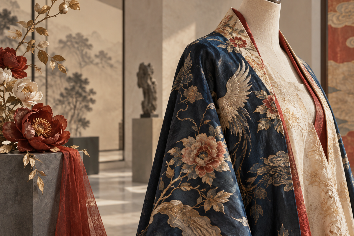 Conceptual illustration of embroidered costume fabric on a dress form with silk flowers; not event photography