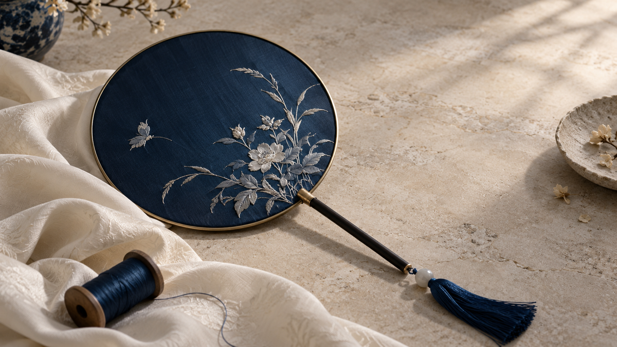 Conceptual dark blue circular hand fan with embroidered fabric and thread