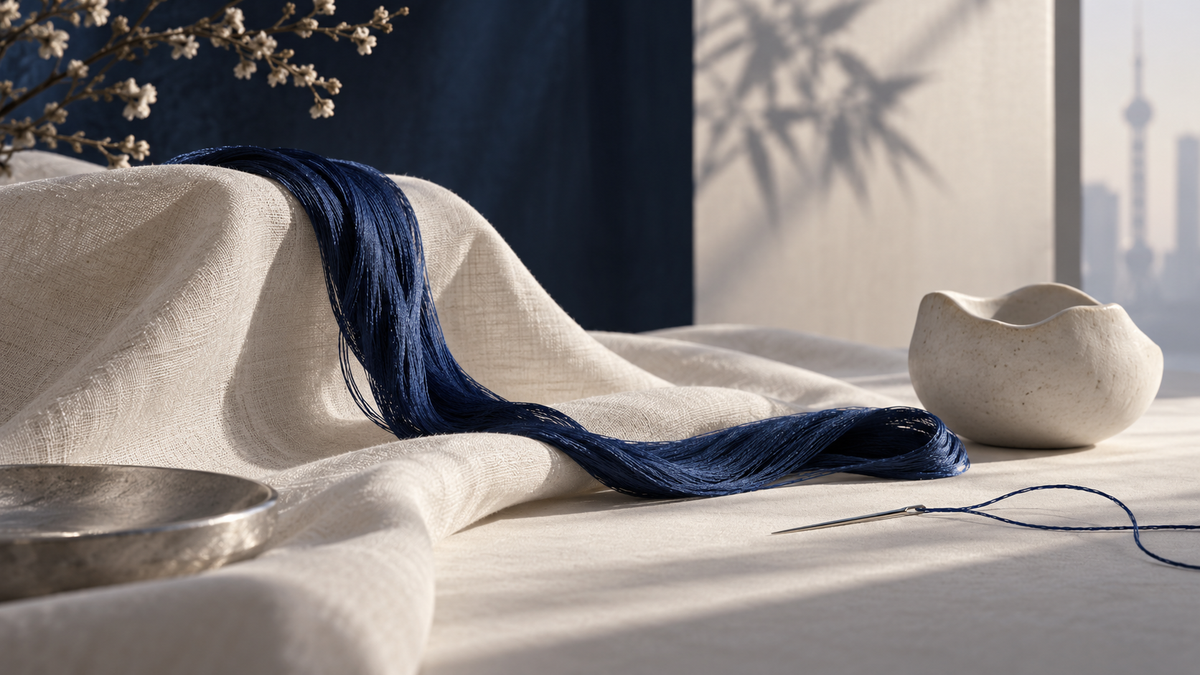 Conceptual still life of ivory textile, dark blue thread and a ceramic form inspired by embroidery dialogue