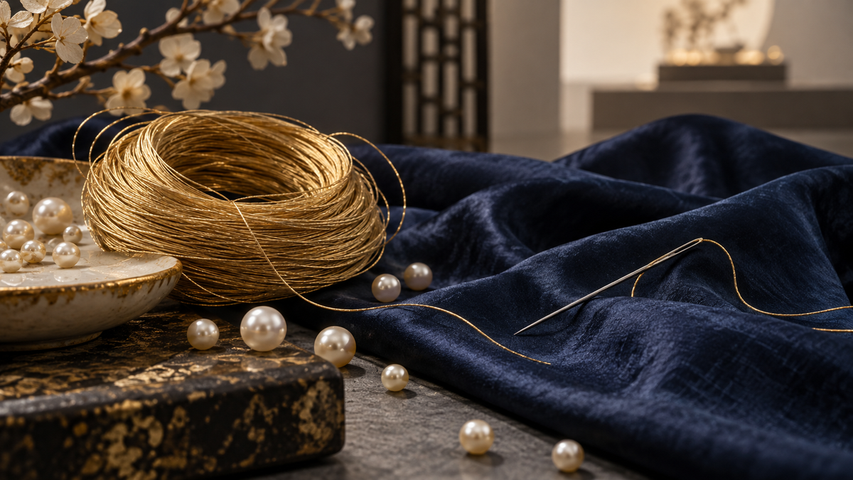 Conceptual close-up of gold thread, pearls and dark textile evoking layered embroidery
