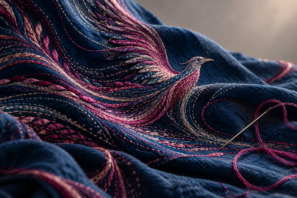 Conceptual indigo textile with magenta bird-like embroidery and a needle; not the documented gown