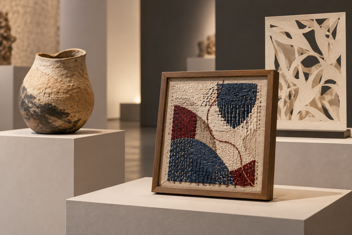 Conceptual display of abstract embroidery, clay vessel and paper cutting; not a photograph of the Nanjing exhibition