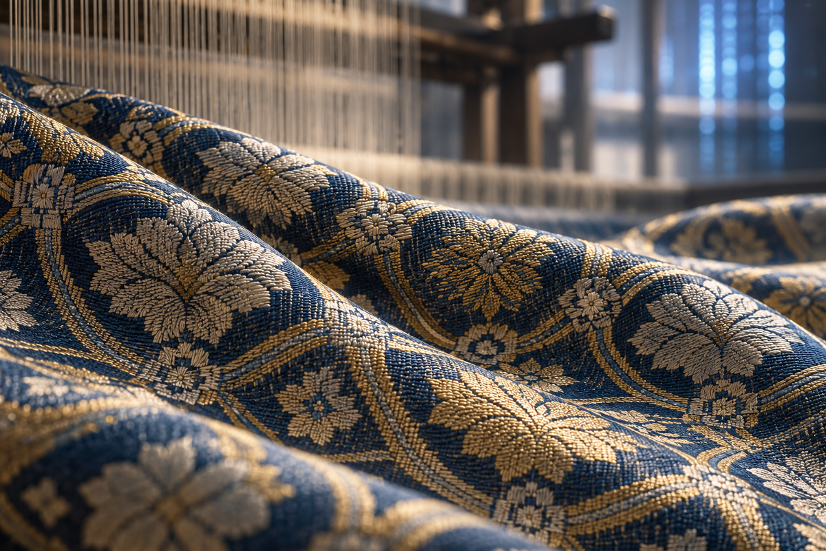 Conceptual illustration of patterned woven silk and loom threads; not a photograph of the factory or its textiles