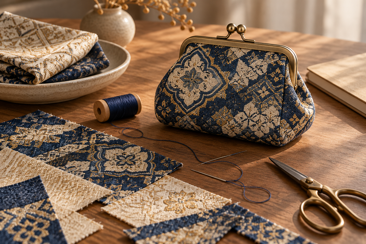Conceptual illustration of patterned woven fabric and a metal-clasp frame bag; not a photograph of the university workshop or verified Song brocade