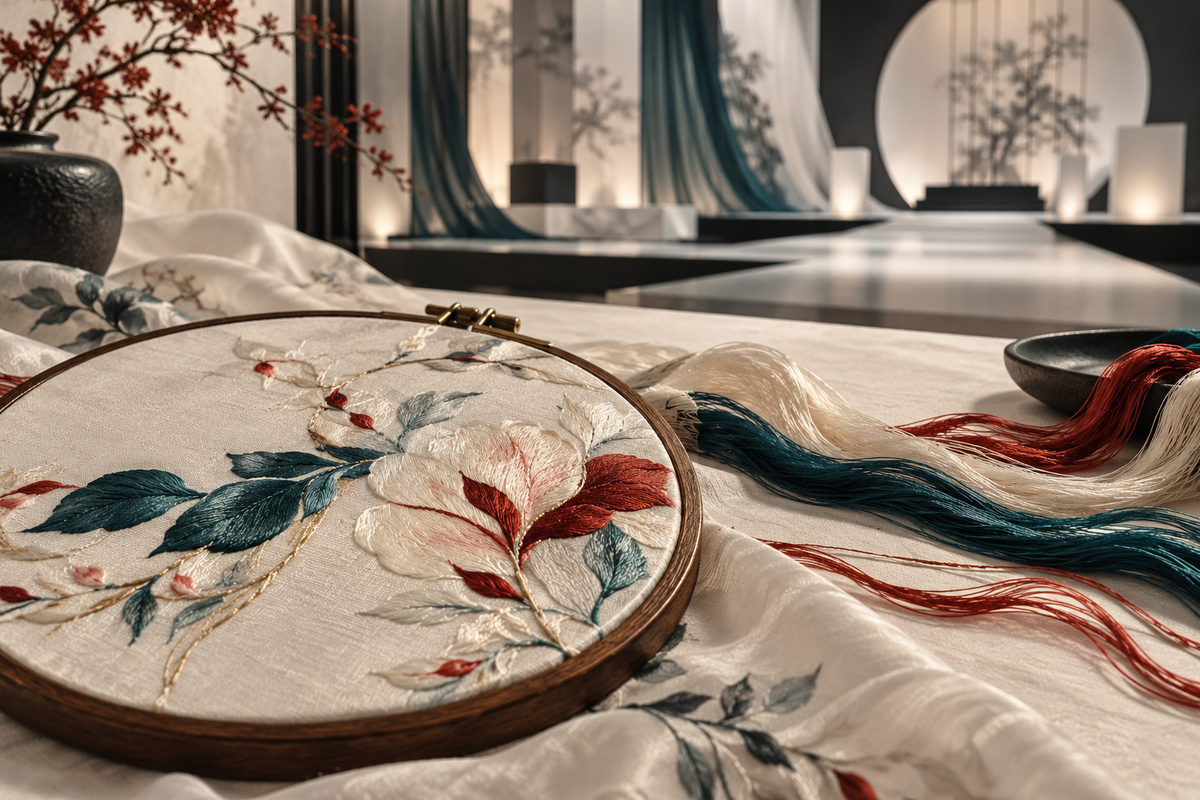 Conceptual embroidery hoop with floral silk threads near an abstract fashion stage; not a photograph of the Suzhou forum or an identified Su embroidery work