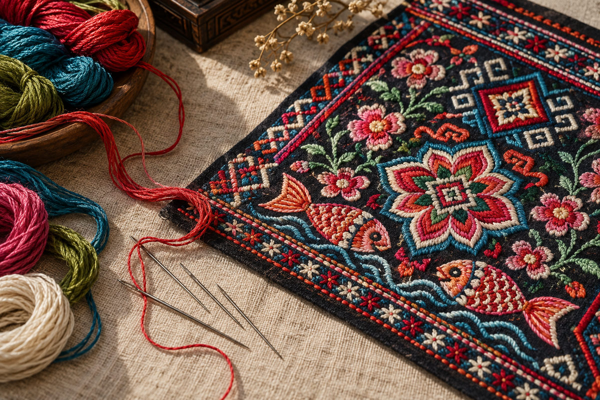 Conceptual illustration of colorful hand embroidery with threads and needles; not a photograph of the Liannan competition or a specific maker's work