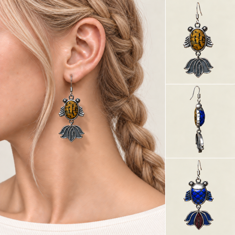 Amber Rhythm handmade fish earrings, worn detail and front side reverse views