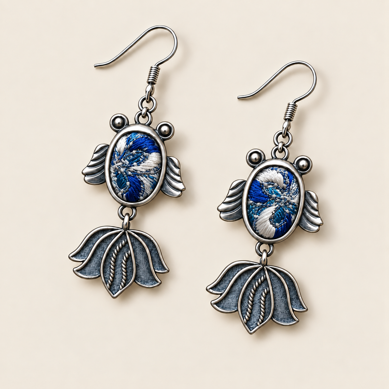 Azure Cadence handmade fish earrings, front flat lay