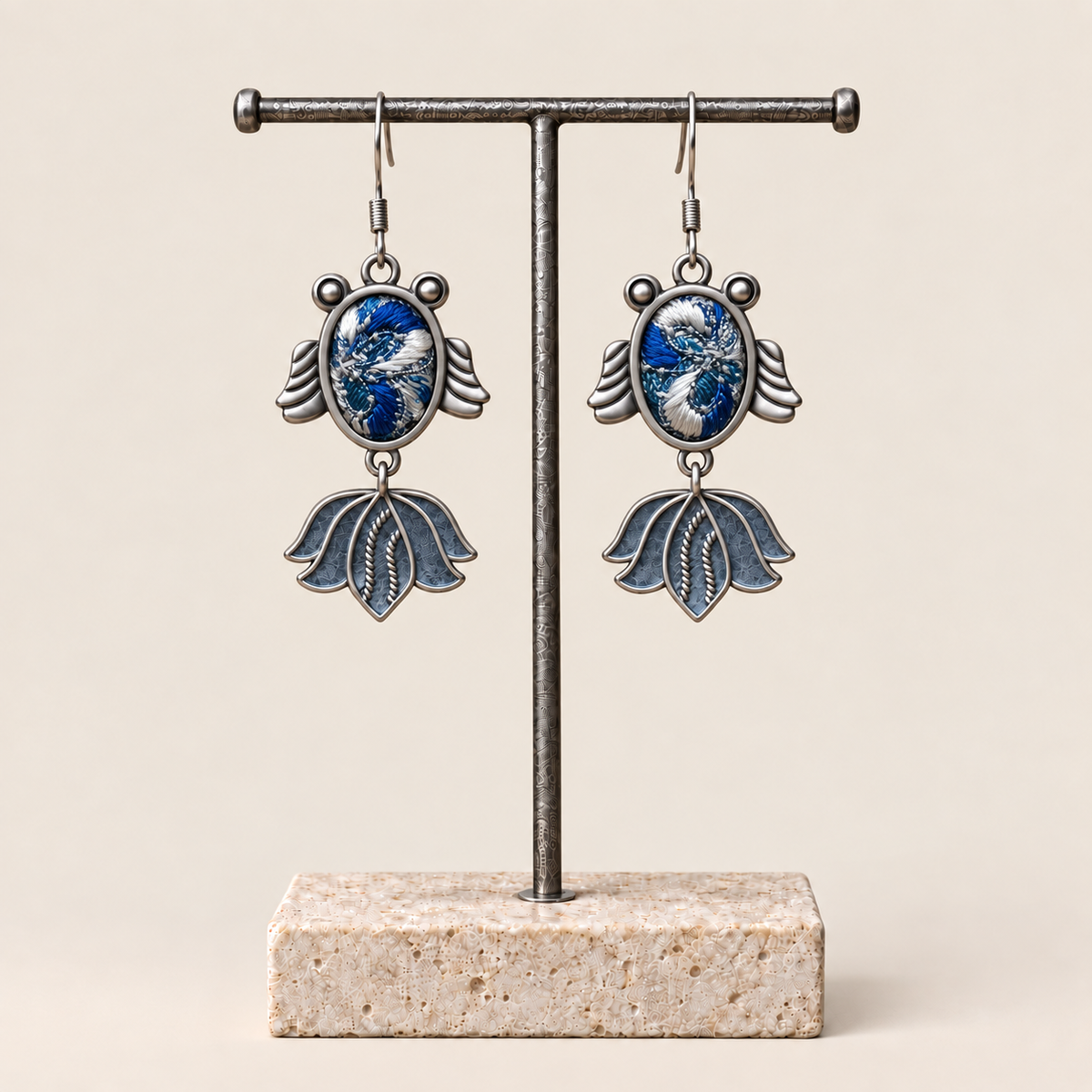 Azure Cadence handmade fish earrings, display
