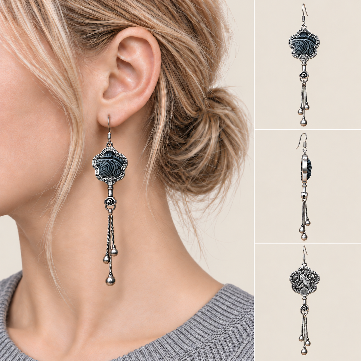 Midnight Blossom floral tassel earrings worn with the textile front facing outward, beside front, side and reverse product views.