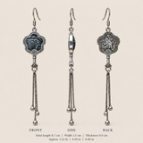 Midnight Blossom floral tassel earrings, front, side and reverse views with dimensions: 8.7 cm long including hooks, 1.5 cm wide and 0.5 cm thick.