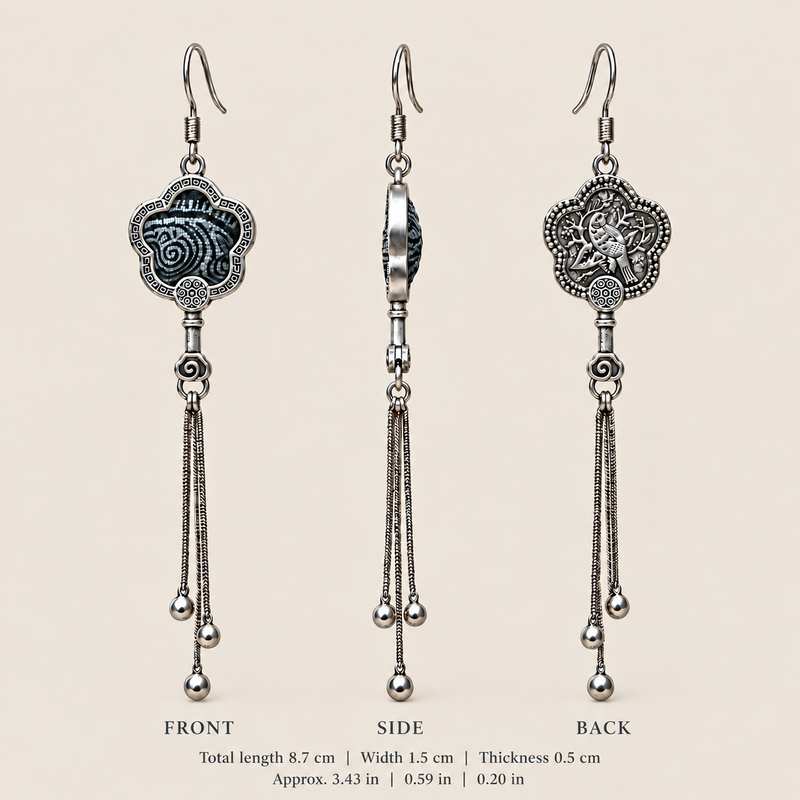 Midnight Blossom floral tassel earrings, front, side and reverse views with dimensions: 8.7 cm long including hooks, 1.5 cm wide and 0.5 cm thick.