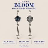 BLOOM collection story panel with front and reverse views of Midnight Blossom earrings and the words Grow with grace. Welcome joy.