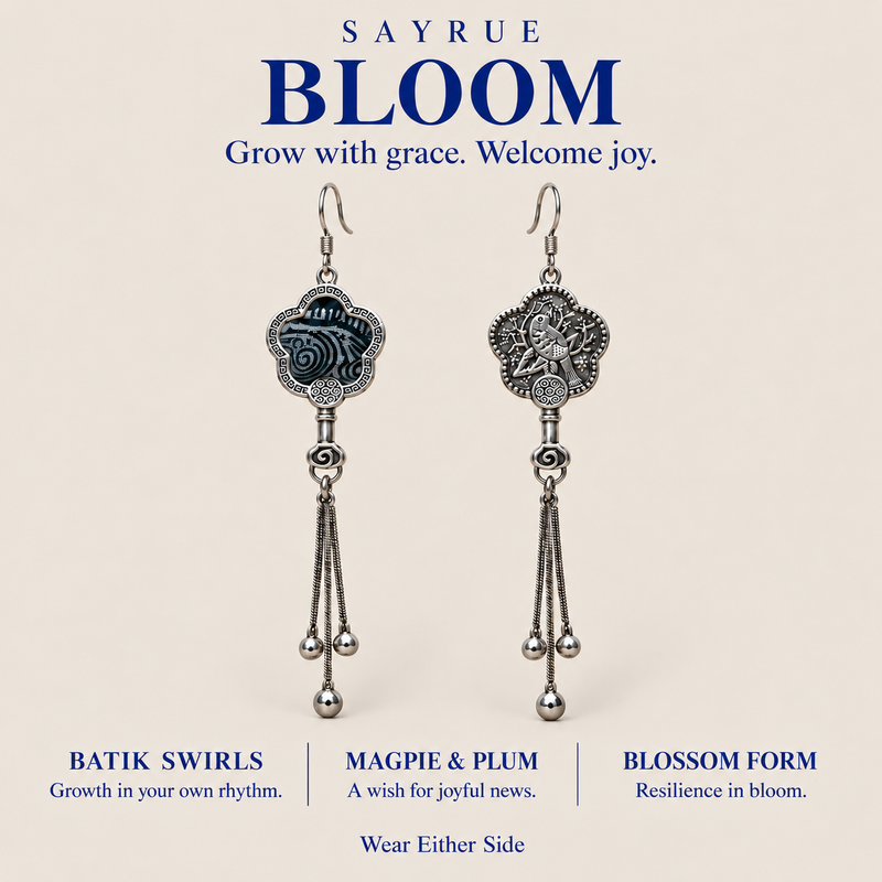 BLOOM collection story panel with front and reverse views of Midnight Blossom earrings and the words Grow with grace. Welcome joy.