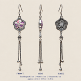 Lilac Serenade floral tassel earrings, front, side and reverse views with dimensions: 8.7 cm long including hooks, 1.5 cm wide and 0.5 cm thick.