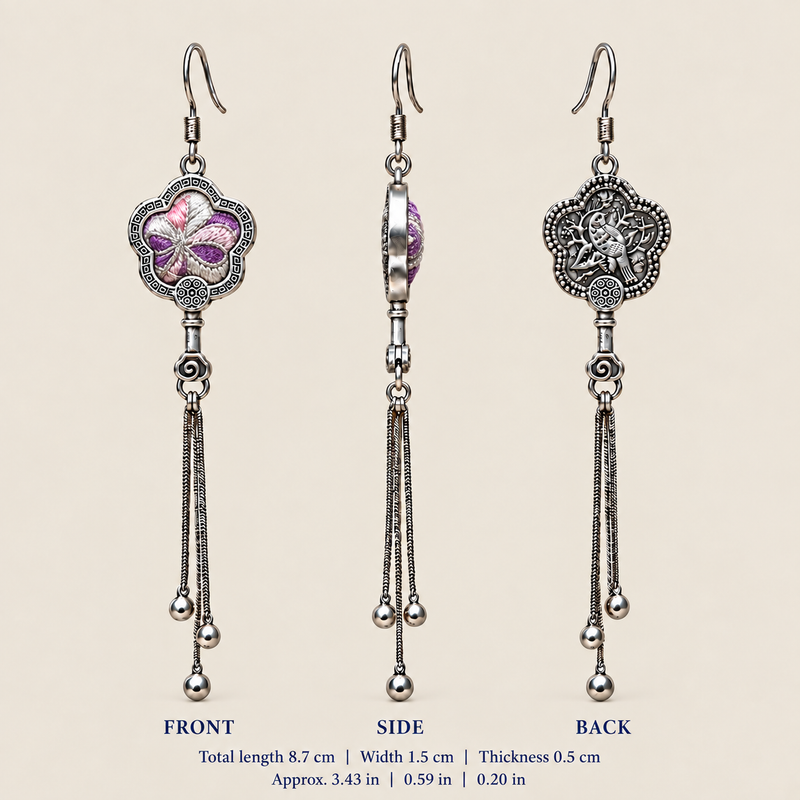 Lilac Serenade floral tassel earrings, front, side and reverse views with dimensions: 8.7 cm long including hooks, 1.5 cm wide and 0.5 cm thick.
