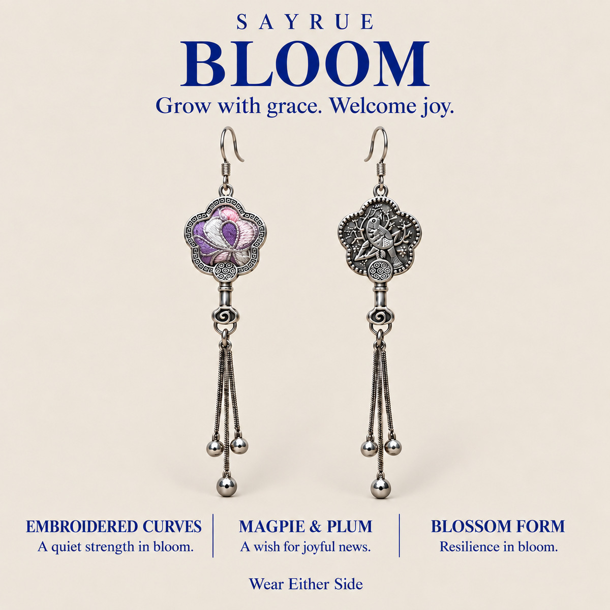 BLOOM collection story panel with front and reverse views of Lilac Serenade earrings and the words Grow with grace. Welcome joy.