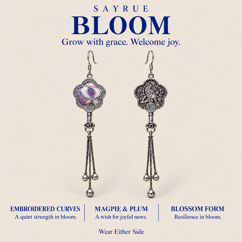 BLOOM collection story panel with front and reverse views of Lilac Serenade earrings and the words Grow with grace. Welcome joy.