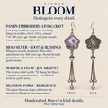 Panjin embroidery craft information panel with front and reverse views of Lilac Serenade earrings, showing the textile flower and bird relief design.