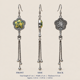Golden Meadow floral tassel earrings, front, side and reverse views with dimensions: 8.7 cm long including hooks, 1.5 cm wide and 0.5 cm thick.