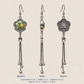 Golden Meadow floral tassel earrings, front, side and reverse views with dimensions: 8.7 cm long including hooks, 1.5 cm wide and 0.5 cm thick.