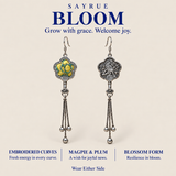 BLOOM collection story panel with front and reverse views of Golden Meadow earrings and the words Grow with grace. Welcome joy.