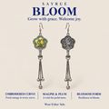 BLOOM collection story panel with front and reverse views of Golden Meadow earrings and the words Grow with grace. Welcome joy.