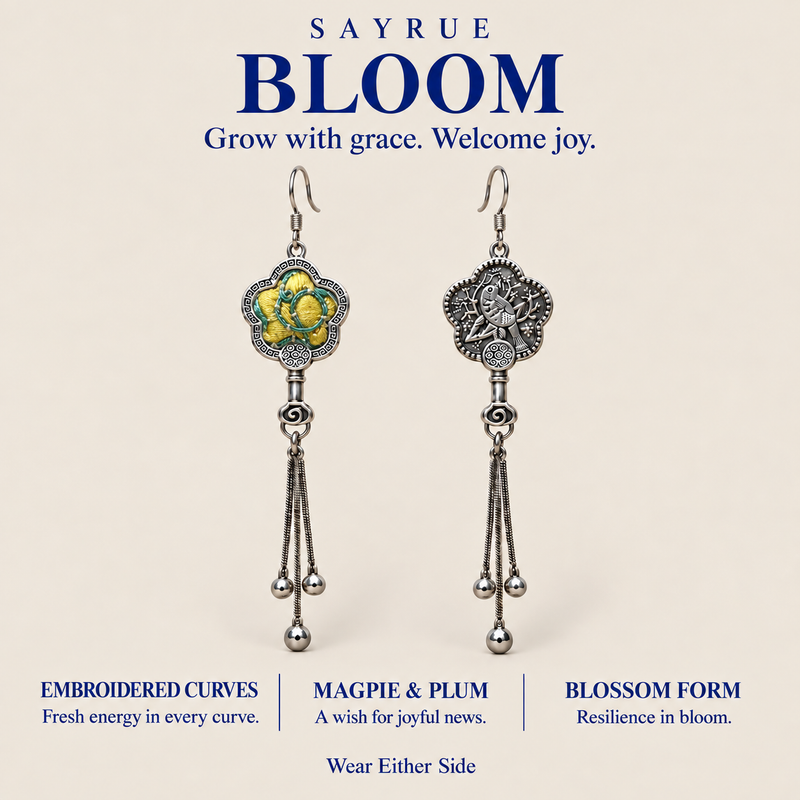 BLOOM collection story panel with front and reverse views of Golden Meadow earrings and the words Grow with grace. Welcome joy.