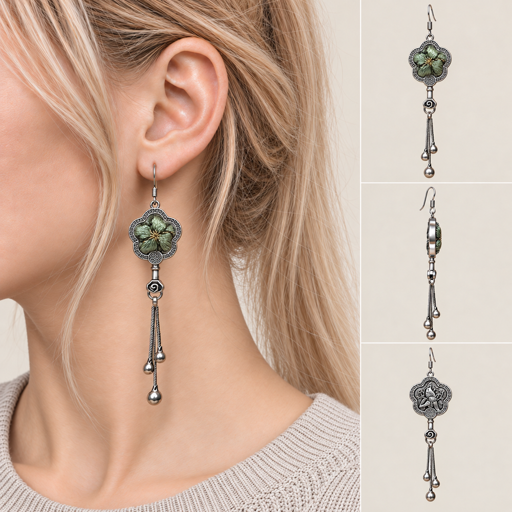 Jade Whisper floral tassel earrings worn with the textile front facing outward, beside front, side and reverse product views.