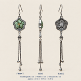Jade Whisper floral tassel earrings, front, side and reverse views with dimensions: 8.7 cm long including hooks, 1.5 cm wide and 0.5 cm thick.