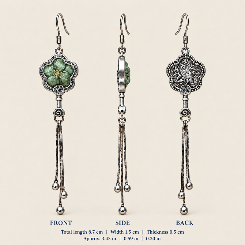 Jade Whisper floral tassel earrings, front, side and reverse views with dimensions: 8.7 cm long including hooks, 1.5 cm wide and 0.5 cm thick.