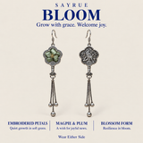 BLOOM collection story panel with front and reverse views of Jade Whisper earrings and the words Grow with grace. Welcome joy.