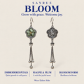 BLOOM collection story panel with front and reverse views of Jade Whisper earrings and the words Grow with grace. Welcome joy.