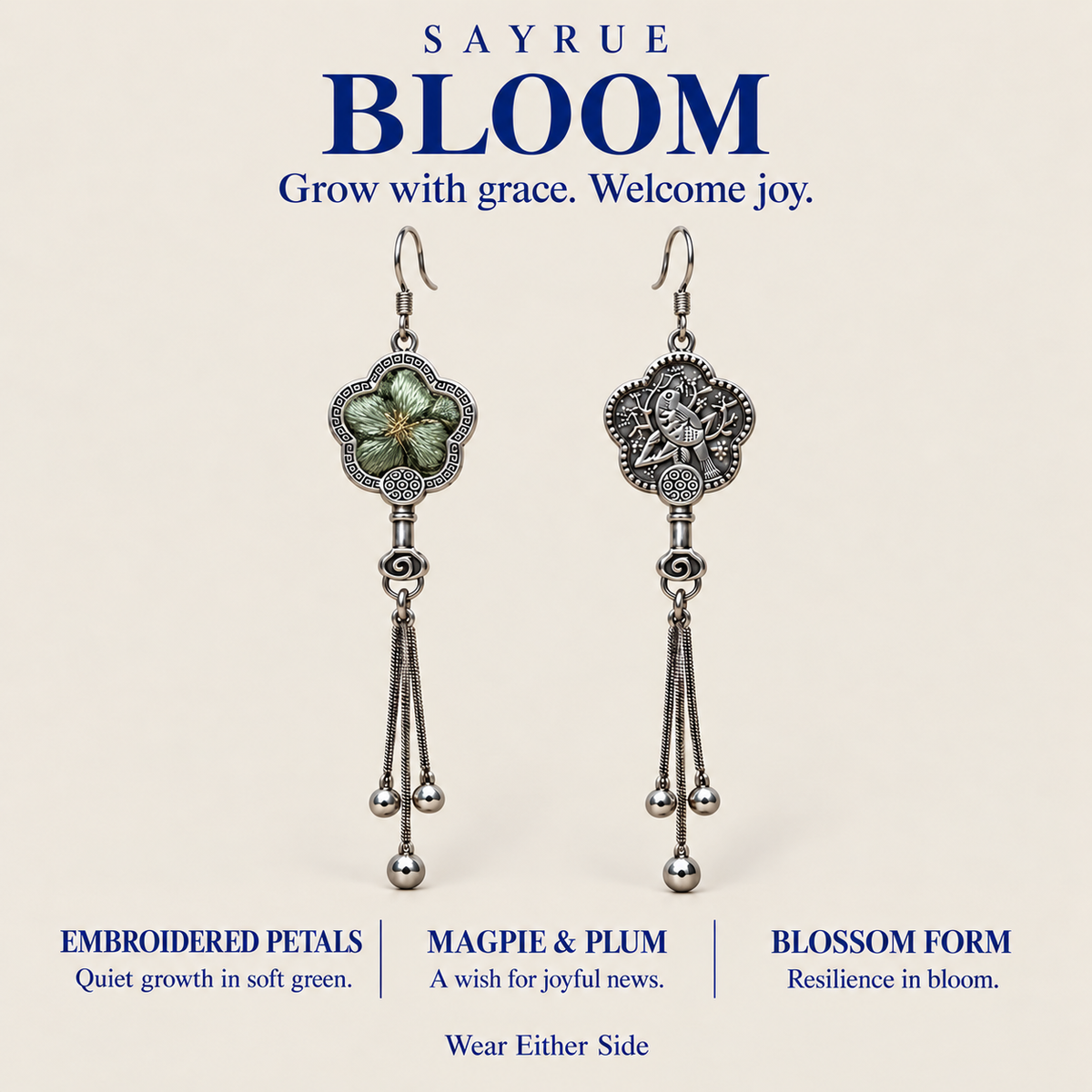 BLOOM collection story panel with front and reverse views of Jade Whisper earrings and the words Grow with grace. Welcome joy.