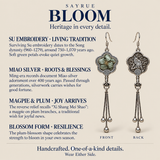 Suzhou embroidery craft information panel with front and reverse views of Jade Whisper earrings, showing the textile flower and bird relief design.