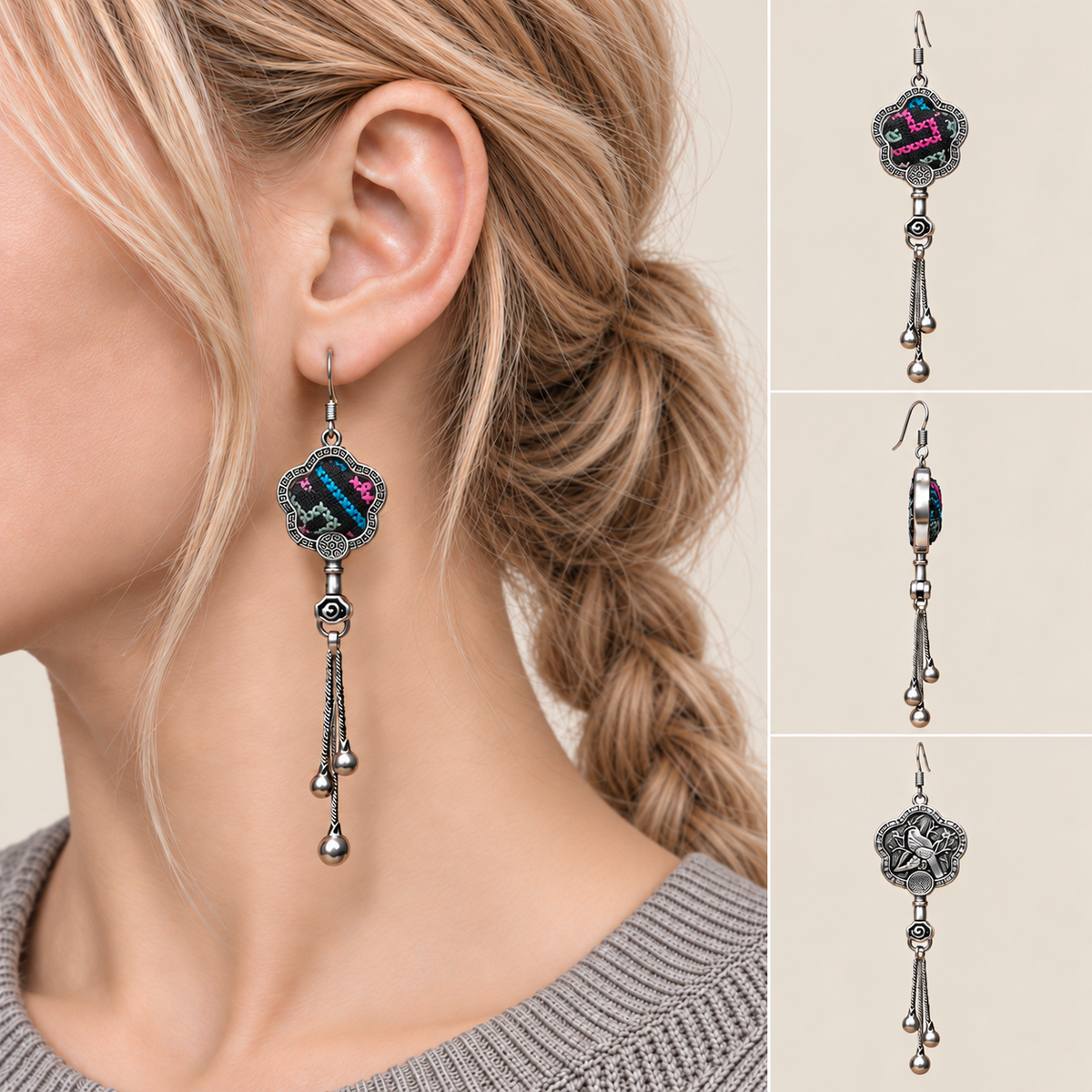 Rose Constellation floral tassel earrings worn with the textile front facing outward, beside front, side and reverse product views.