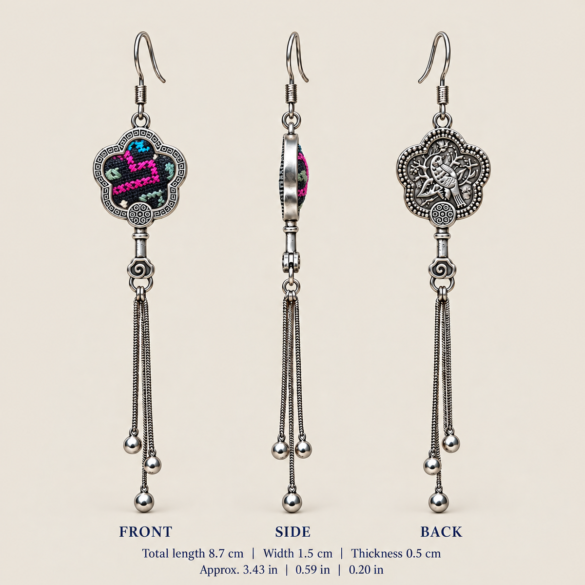 Rose Constellation floral tassel earrings, front, side and reverse views with dimensions: 8.7 cm long including hooks, 1.5 cm wide and 0.5 cm thick.