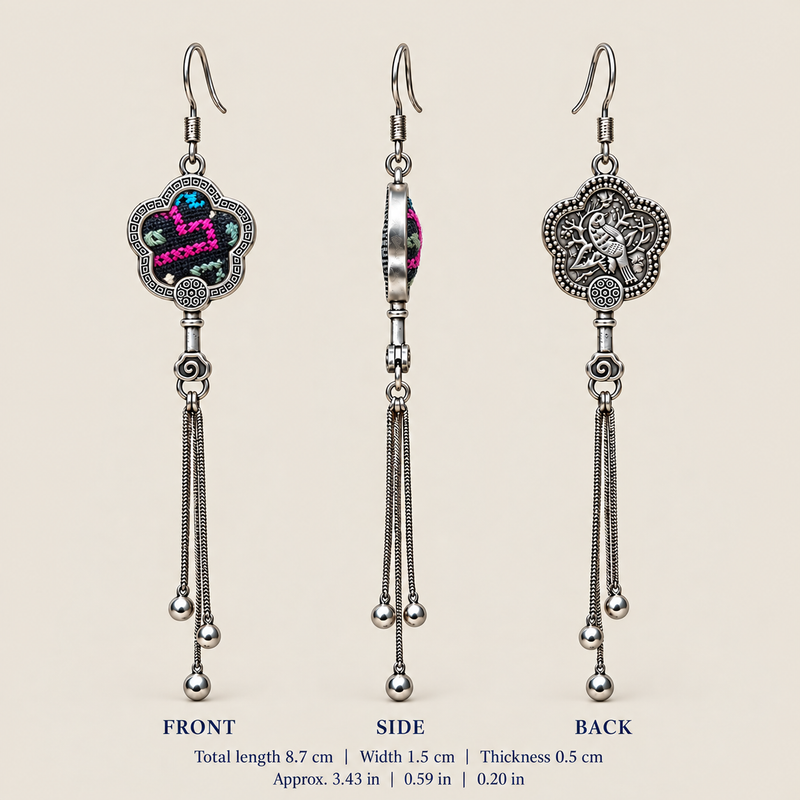Rose Constellation floral tassel earrings, front, side and reverse views with dimensions: 8.7 cm long including hooks, 1.5 cm wide and 0.5 cm thick.